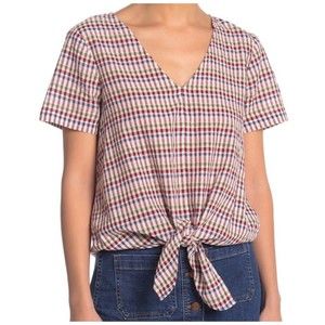 MADEWELL Novel Tie Front V-Neck Short Sleeve Plaid Blouse